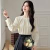 Autumn Fashion New 2024 Long Sleeve Beading O-Neck Apricot  Chiffon Blouse Shirt Women Tops Blouses Shirts J419