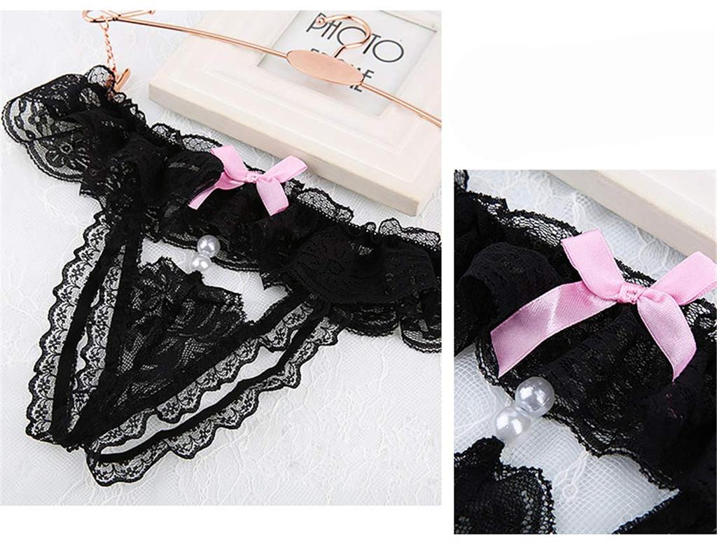 Sexy Bra and Shorts Lace Bra and Underwear for Set [ONE LADY] See-through T-back Set, Shorts, Women, See-through Lingerie, 2-Piece (Black (Pearl),