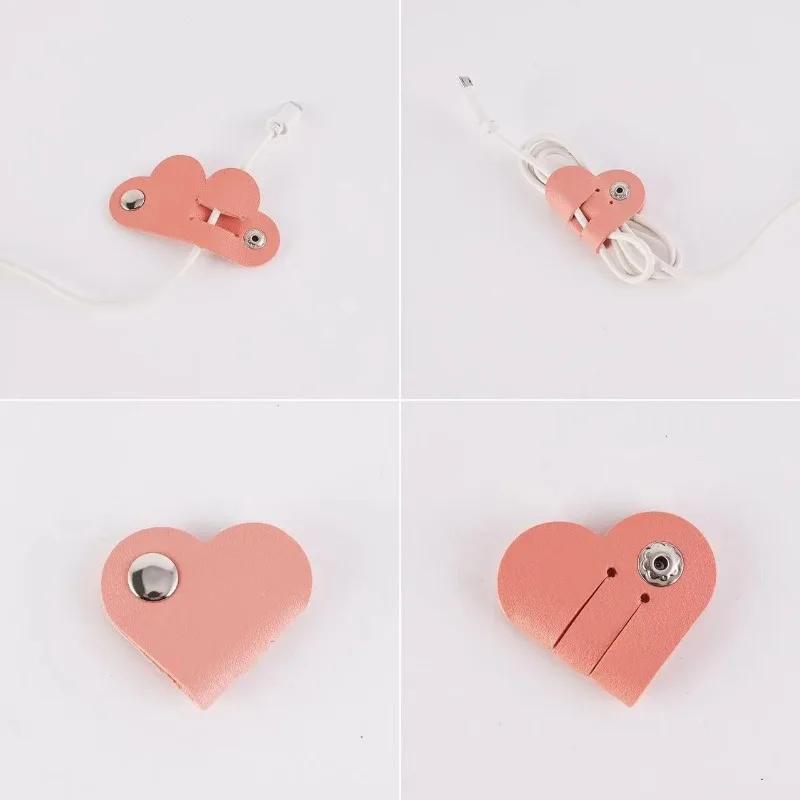 3pcs Heart-Shaped Faux Leather Cable Cord Winder Organizer Cable Management Clips for Headphones