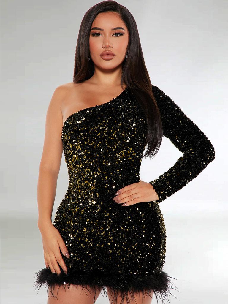European & American Autumn/Winter Sequin Feather Dress with One-Shoulder Long Sleeve