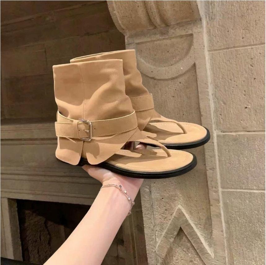 Vintage Sandals, New Versatile, Toe Clip Belt Buckle Flat Sandals, Black Slim Pants, Tube Boots, Roman Shoes Women