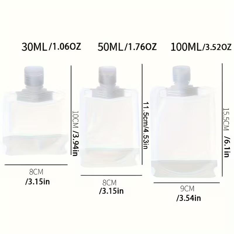 Set of 3 Travel Refillable Flat Pouches for Shampoo, Liquid Lotion, And Cosmetic Dispensers, 1.01oz, 1.69oz, And 3.38oz Sizes