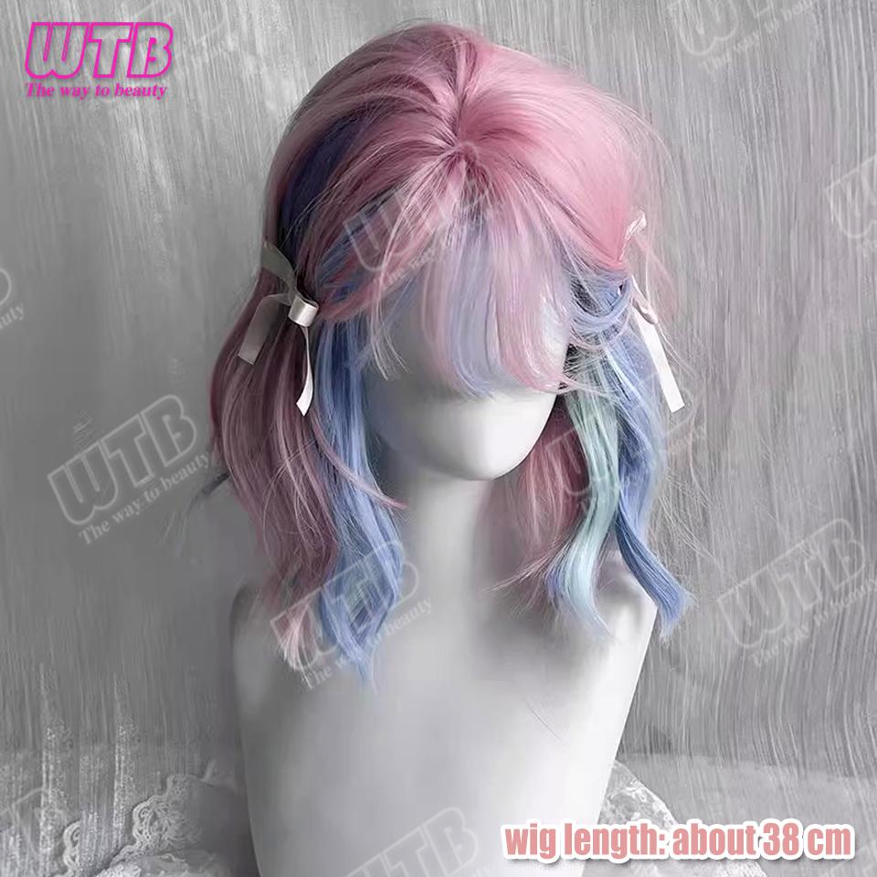 Colored Highlighted Synthetic Lolita Wig Short Curly Wig with Bangs Suitable for Women and Girls to Wear for Holidays and Events