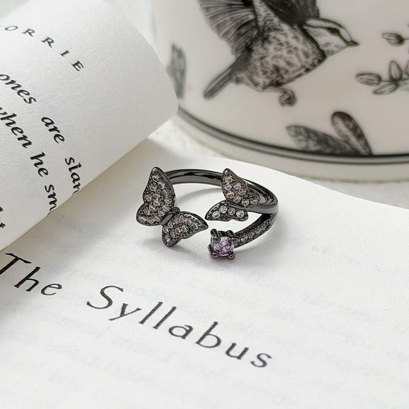 "Dark Butterfly Light" Retro Neutral Enamel Dark Butterfly Open Ring For Women Wearing Personalized Punk Index Finger Ring