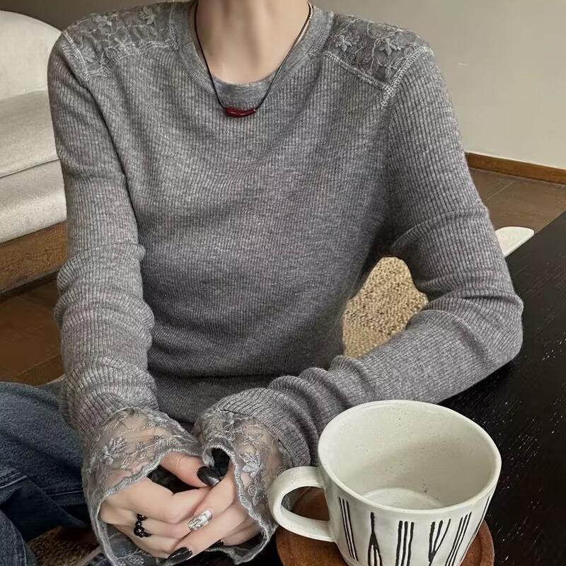 

Осенние кружевные сращивания с длинным рукавом пуловеры футболки женские модные зимние однотонные женские футболки топы элегантные повседневные футболки с круглым вырезом женские 25853 One Size серый