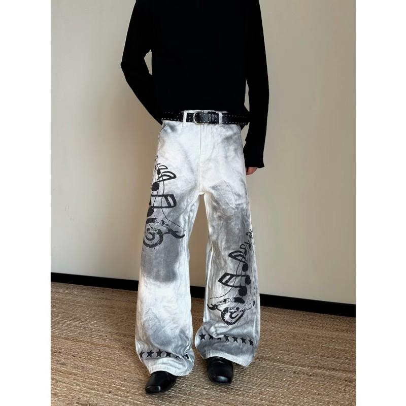 Mens Relaxed Fit Straight Leg Denim Jeans With Vintage Blue Wash Graffiti Print Mid-Rise Casual Trousers Streetwear