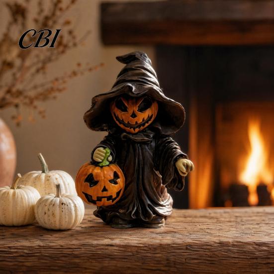 Halloween Pumpkin Ornament Witch Statue with Pumpkin, Cute in Pointed Hat & Black Robe, Resin Gothic Wizard Figurine Tabletop Decor for Desk