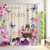 Butterfly Watercolor Floral Shower Curtain Romantic Paris Eiffel Tower Red Rose Flowers Plant Leaves Bathroom Decor with Hooks