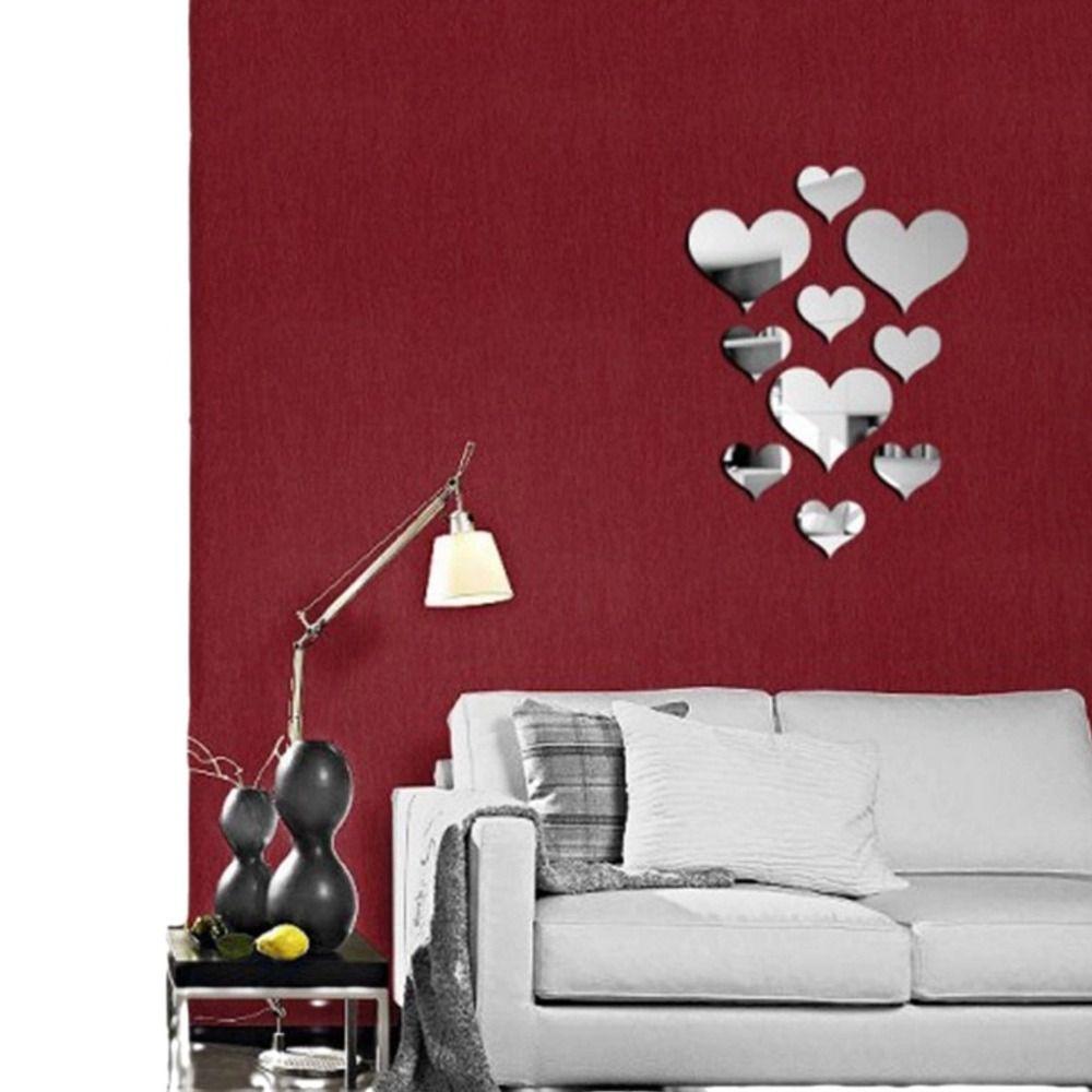 10Pcs/Set New Gold Silver Mirror Wall Sticker Removable Heart Shape Removable Decal 3D Wall Mural Room Decor
