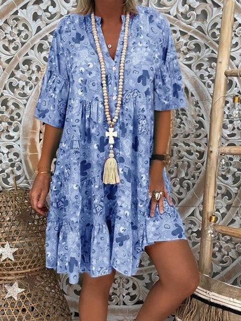 Abito Estivo Stampato Floreale Ampio Casual Scollo a V Manica Lunga Taglie Forti Moda Donna