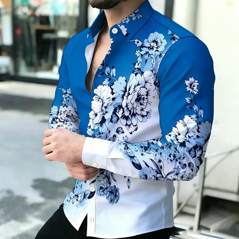 Men's Shirt Personalized Printed Long Sleeve Shirt Black Brown Contrasting Design Sense Shirt Street Trendy Men's Wear