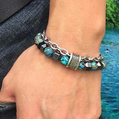 1 Pcs Rock Bead Gemstones Bangles Jewelry Stainless Steel Charm Natural Stone Beads Bracelet For Men