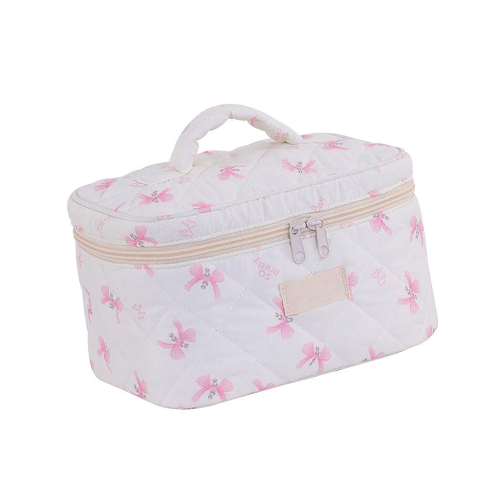 Aesthetic Bowknot Quilted Makeup Bag Large Capacity Travel Cosmetic Storage for Trendy Women and Ladies Daily Use