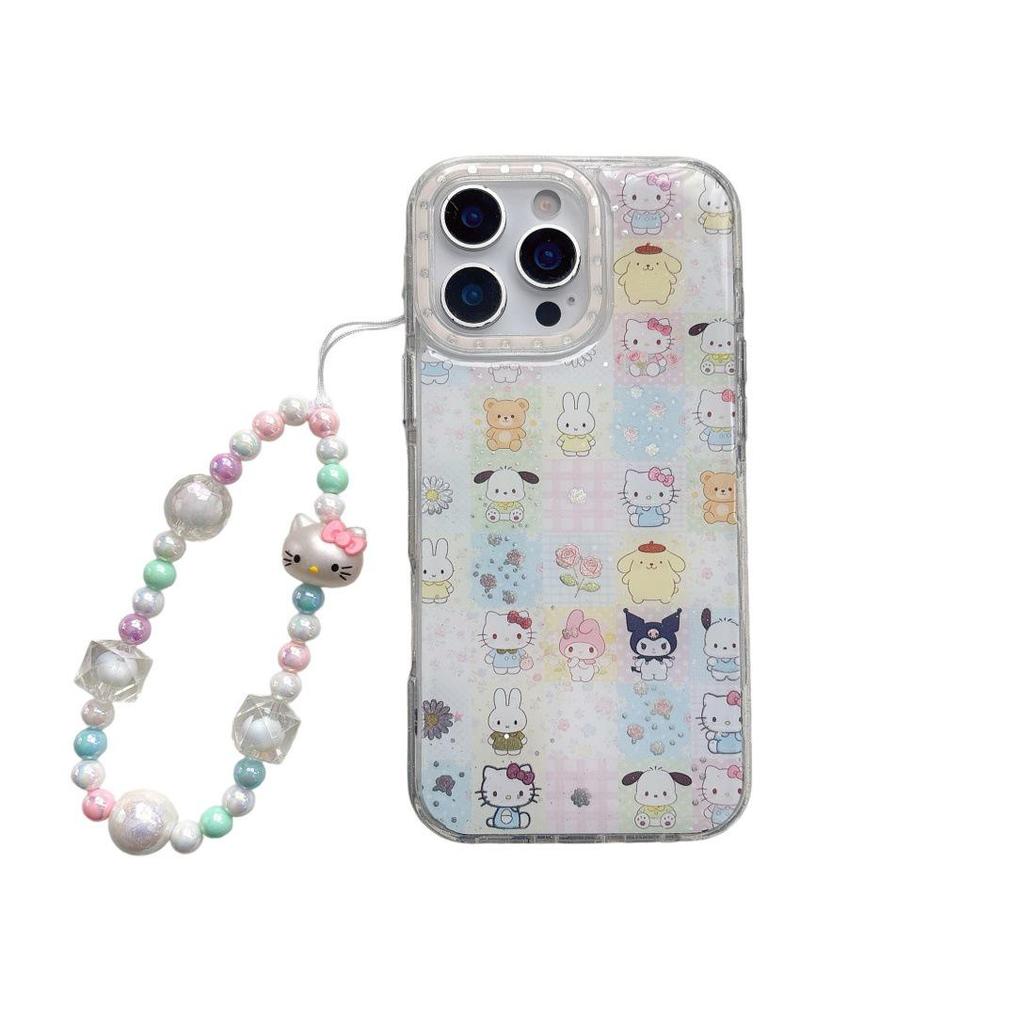 Glitter Cartoon Cat iPhone 15 Pro Max/17 Pro Case with Pearl Bracelet for Women