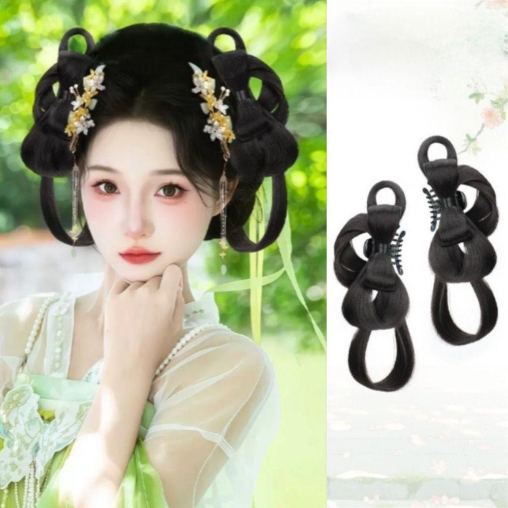 2Pcs Synthetic Hanfu Ancient Costume Wigs Black Princess Hair Bun Cosplay Wig  Photography