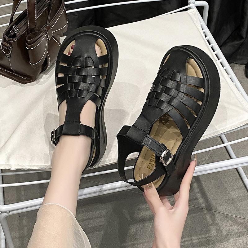 Muffin Thick-soled Bag Head Sandals Women's New Summer with Skirt Woven Shoes Women's Beach Pig Cage Shoes