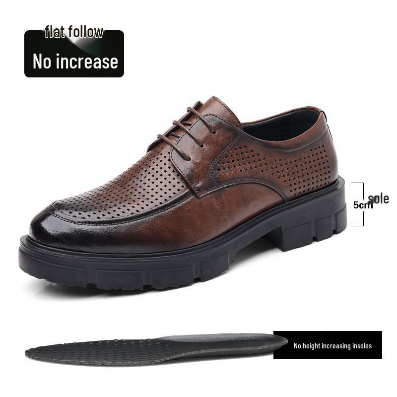 Men's Casual Leather Shoes with 10CM Height Boost, Thick Soles, and Textured Finish.