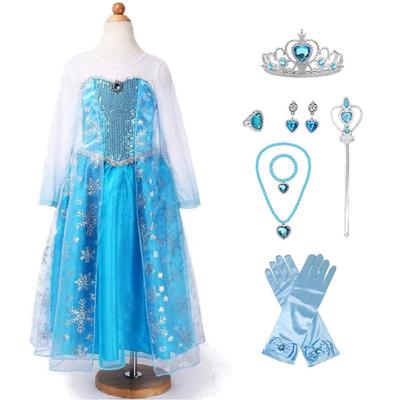 Prinzessinnenkleid für Kinder Cosplay Kostüm Luxus Set Blaues Band Herz Magisch Original 120cm UT302A [GELAUFWÜRDIG] 9-teilig - (Prinzessinnenkleid, Handschuhe, Tiara,