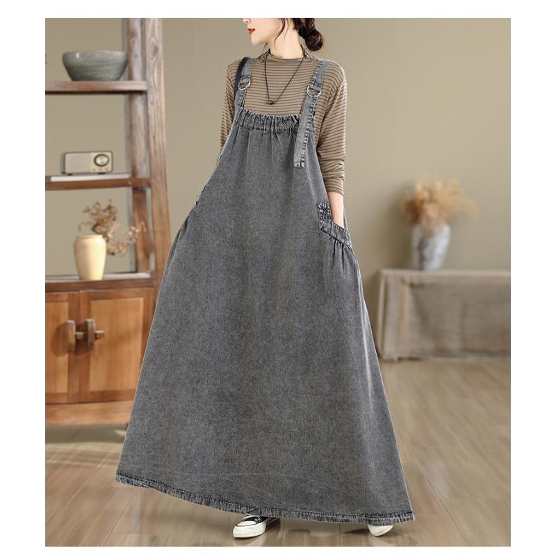 DIMANAF Women Plus Size Denim Dress Maxi Long Dress Sleeveless Vintage Loose Casual Basic Dresses Cottton