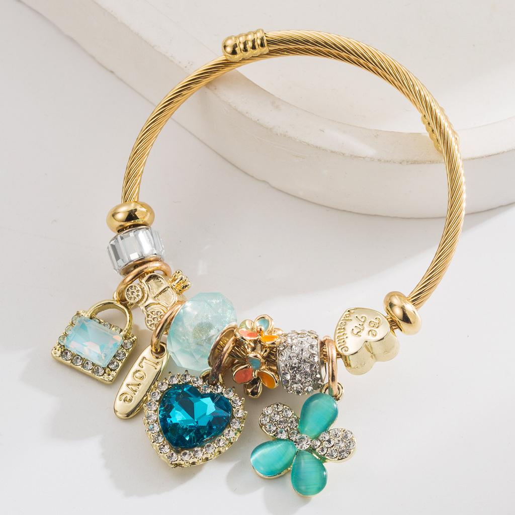 Stainless Steel Bracelet - Fashionable and Sweet Heart-shaped Lock Charm with Love Hearts and Flowers - High-end String Bead Bracelet
