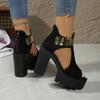 Plus Size Women'S Fashion Platform High Heel Sandals - Elegant Black Thick Sole Slip-On Dress Shoes with Golden Buckle Straps, Comfortable