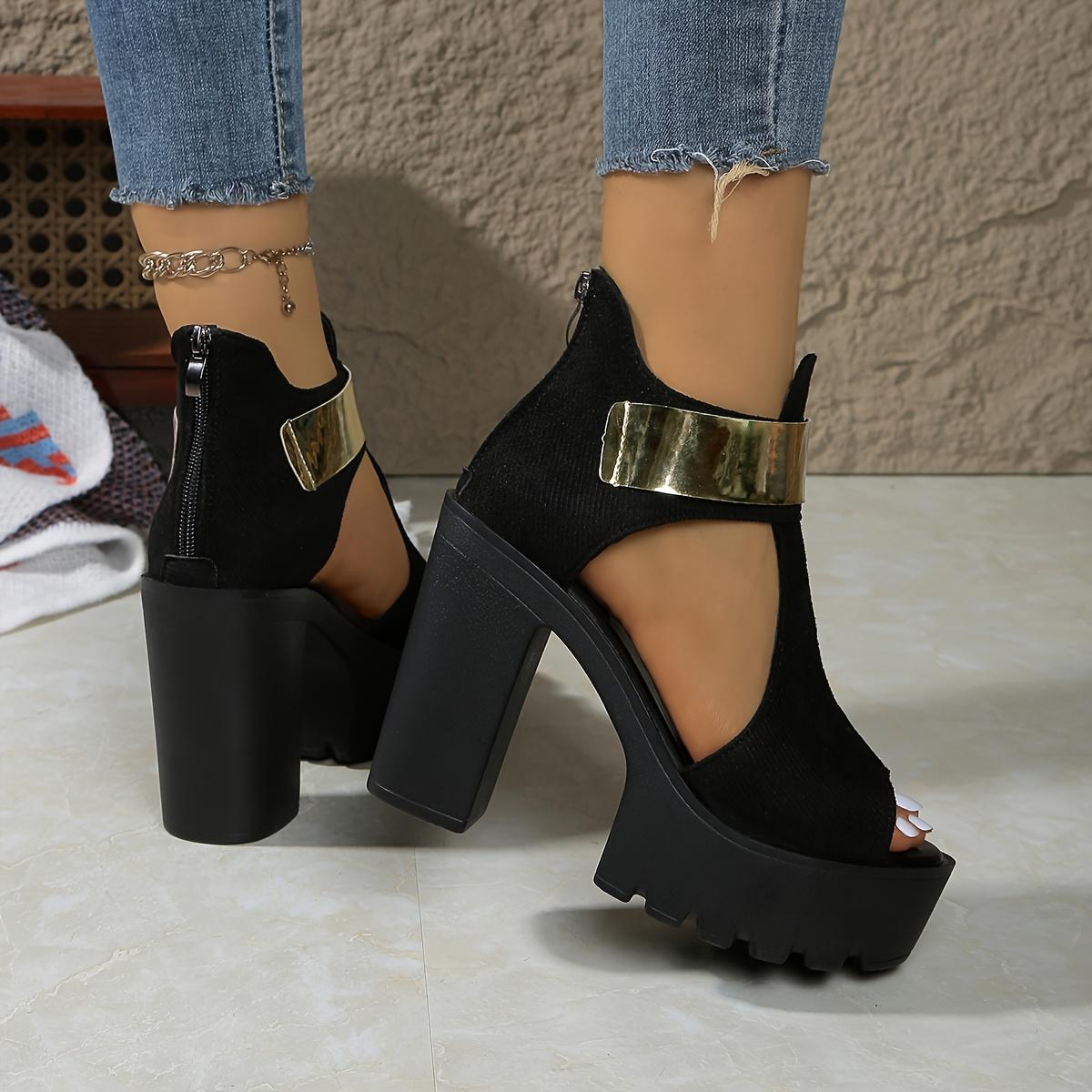 

Plus Size Women S Fashion Platform High Heel Sandals - Elegant Black Thick Sole Slip-On Dress Shoes with Golden Buckle Straps, Comfortable Size 43