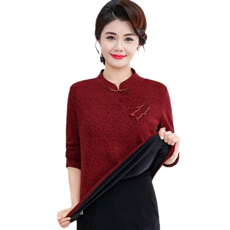 Mid-aged & Elderly Women's Velvet Qipao Top - Warm Winter Layer with Stylish Frog Buttons, Age-Defying Stand Collar