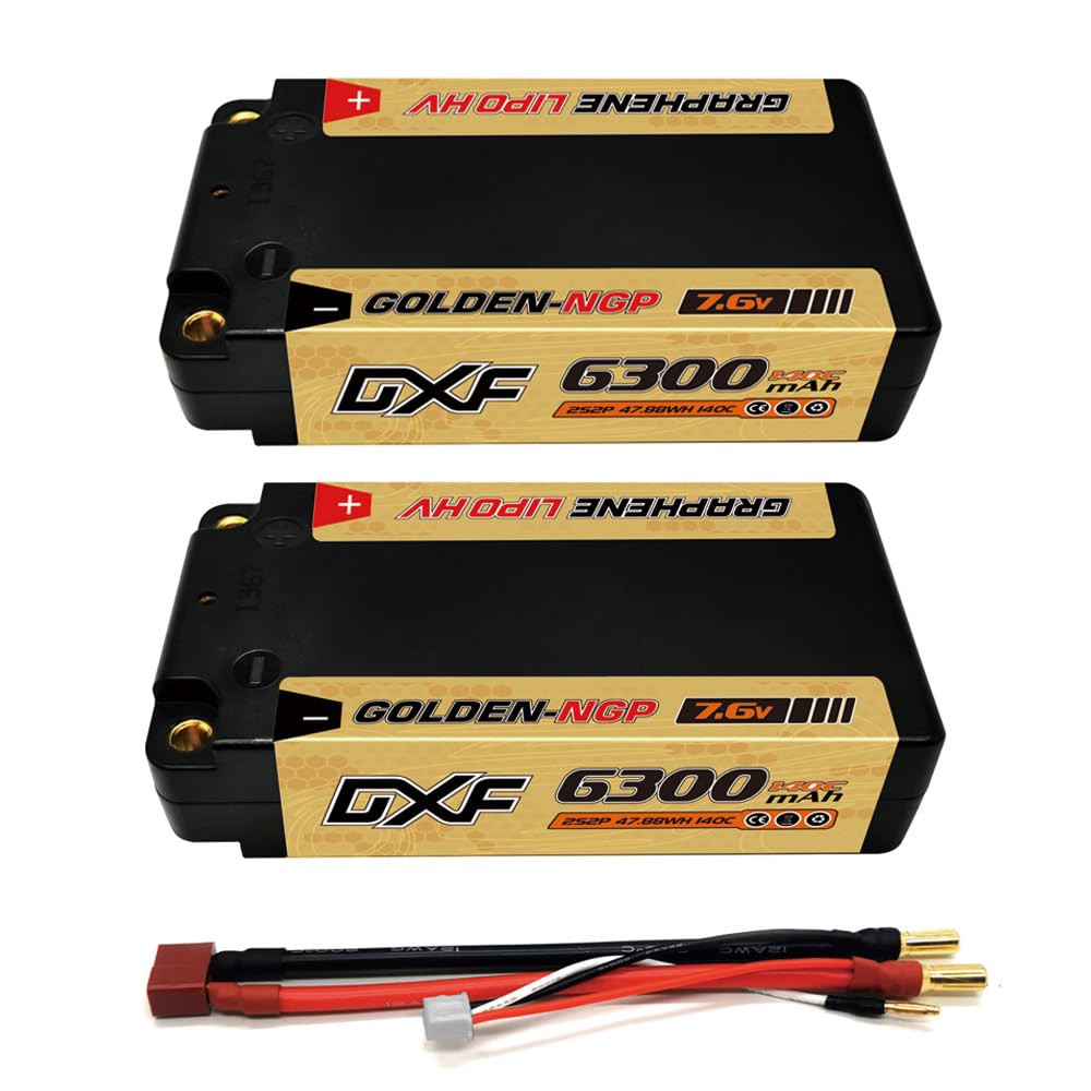 DXF 2-Pack 2S 7.6V 140C 6300mAh HV Hard Case Short LiPo Battery with 5mm Bullets. High-Performance LiPo Battery Ideal for Japanese RC Cars, Trucks,