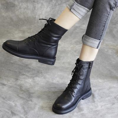 Botas de tornozelo da moda femininas de couro legítimo com cadarço e zíper lateral de alta qualidade, sapatos femininos de outono e inverno feitos à mão