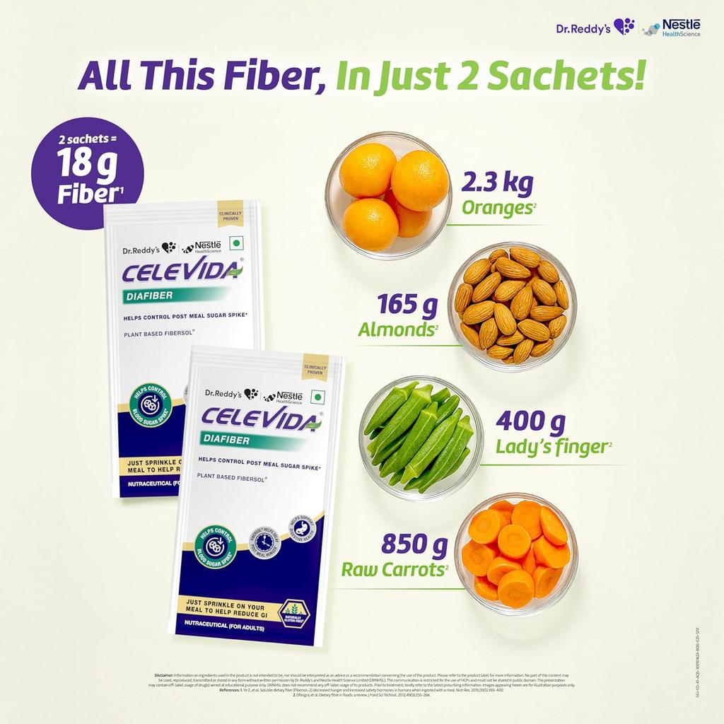 Celevida Diafiber Diabetes Care Supplement | 100% Plant-Based Fibersol for Post Meal Sugar Control | 360g, 30 Sachets Pack of 1