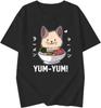 Ramen Cat Cute Japanese Short Sleeves T-shirt, YUM-YUM Print, Black, Design, (JP, Alphabet, 3XL, Standard, Black)