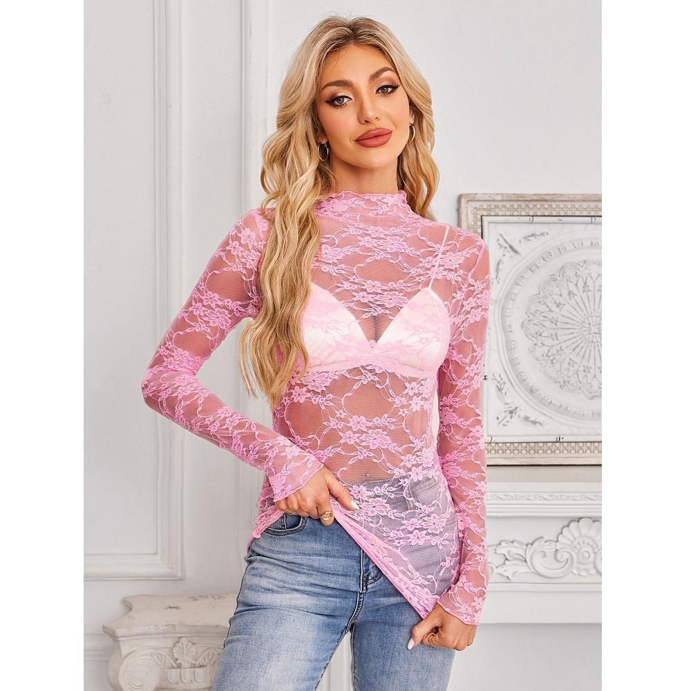 Dámské síťované průhledné krajkové topy s výstřihem do O-kroju a dlouhým rukávem, dámské slim fit květinové výšivkové topy, dámská trička