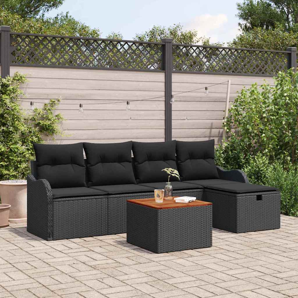 6 Piece Black Poly Rattan Garden Sofa Set with Cushions