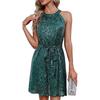 Women Sleeveless Halter Neck Sequin Bodycon Mini Evening Party Dress
