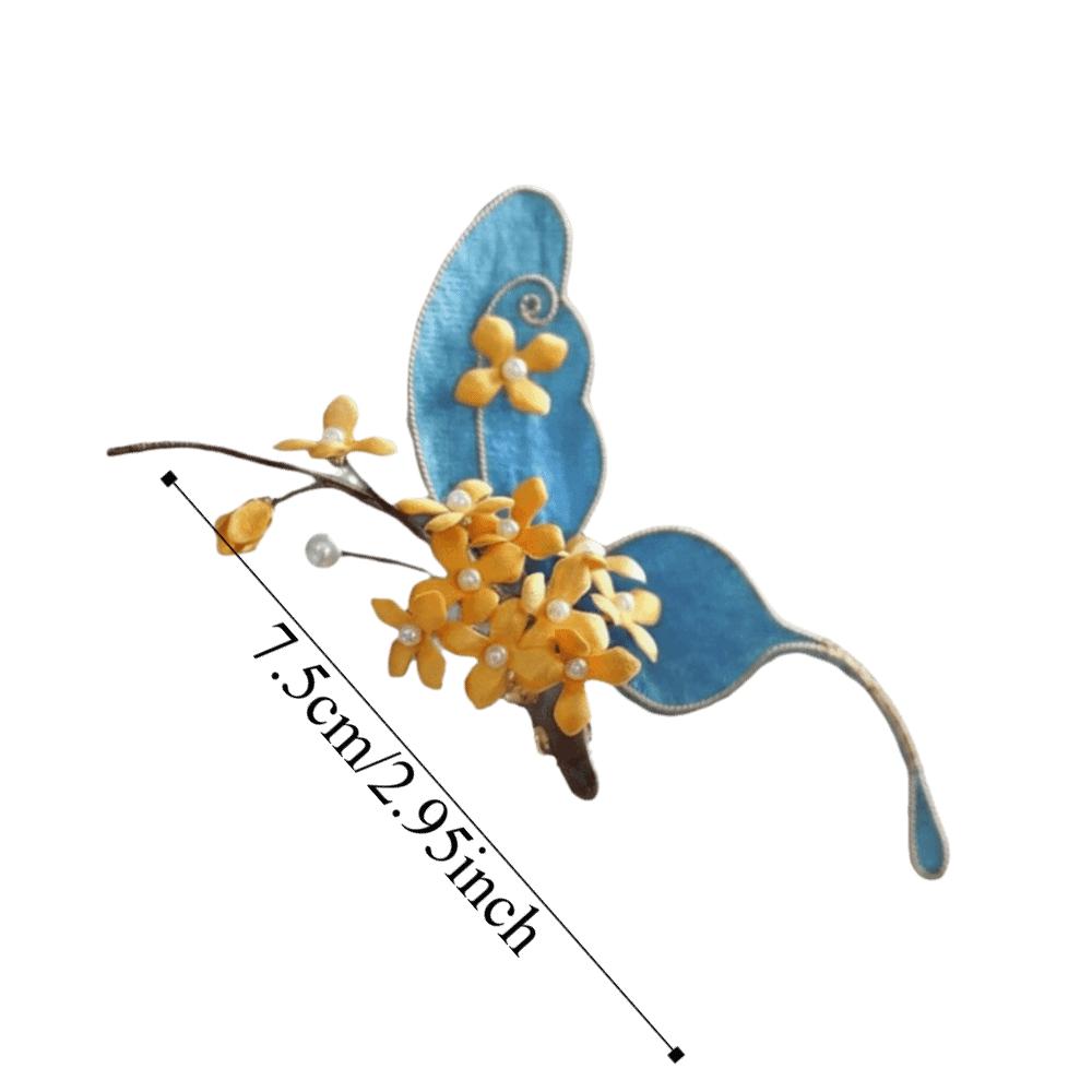 Beautiful Hanfu Butterfly Hair Fork Beads Alloy Chinese Blue Ancient Hairpins Osmanthus Headwear Exquisite Fairy Side Clips