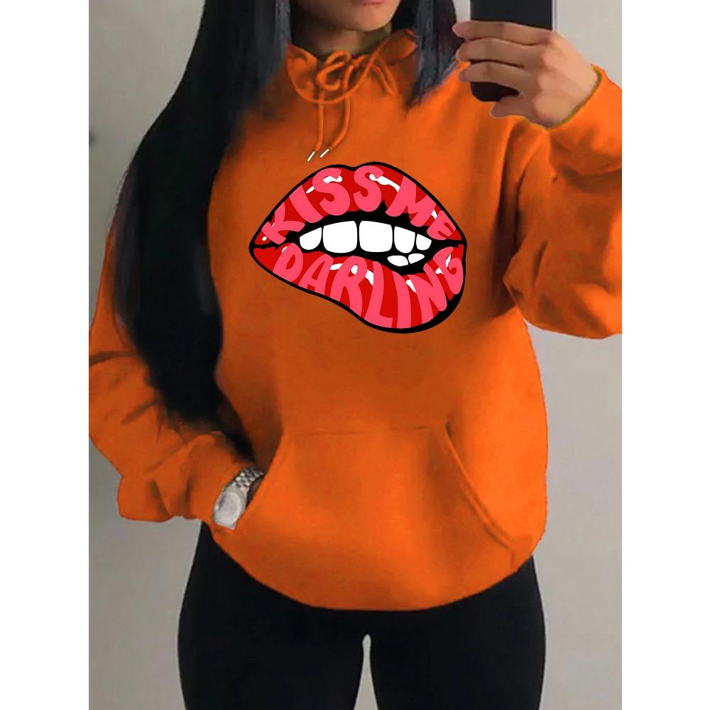 Kiss Me Darling Red Lips Print Hoodies Woman Autumn Fleece Hoody Casual Hip Hop Streetwear Loose Pullovers