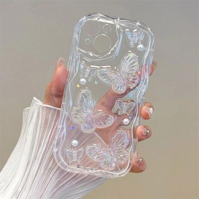 Luxury 3D Butterfly Pearl Glitter Case for iPhone 16 15 14 Plus 13 12 11 Pro Max X XR XS Max Cute Clear Soft Shockproof Girly Cover