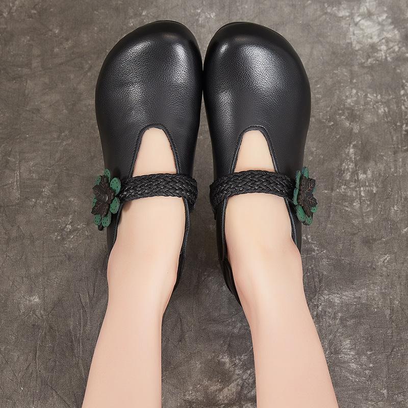 Women's Shoes Head Layer Cowhide Leather Shoes Ethnic Style Thick Heel Soft Bottom Single Shoes