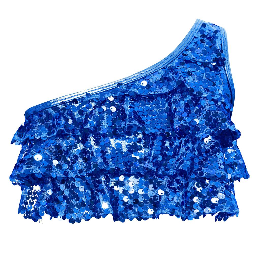 Girls Dance Top Shiny Sequins Tiered Ruffles Sleeveless Crop Top Metallic One Shoulder Vest