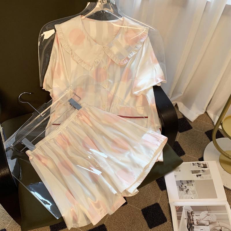 

Пижама женская летняя из ледяного шелка, комплект из двух предметов с коротким рукавом и шортами, в горошек, милый принцессный стиль, премиальная домашняя одежда M