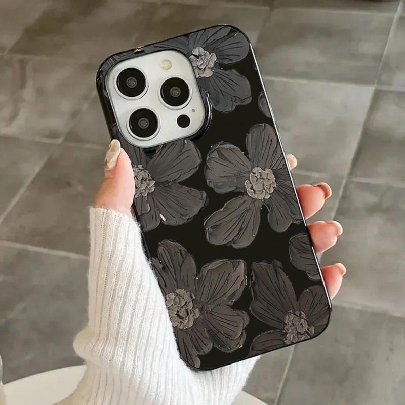 Ins Ölgemälde Schwarze Blume Handyhülle für iPhone 16 16E 15 14 13 12 11 Pro Max XR XS Max SE2 7 8 Plus Stoßfeste Weiche Hülle