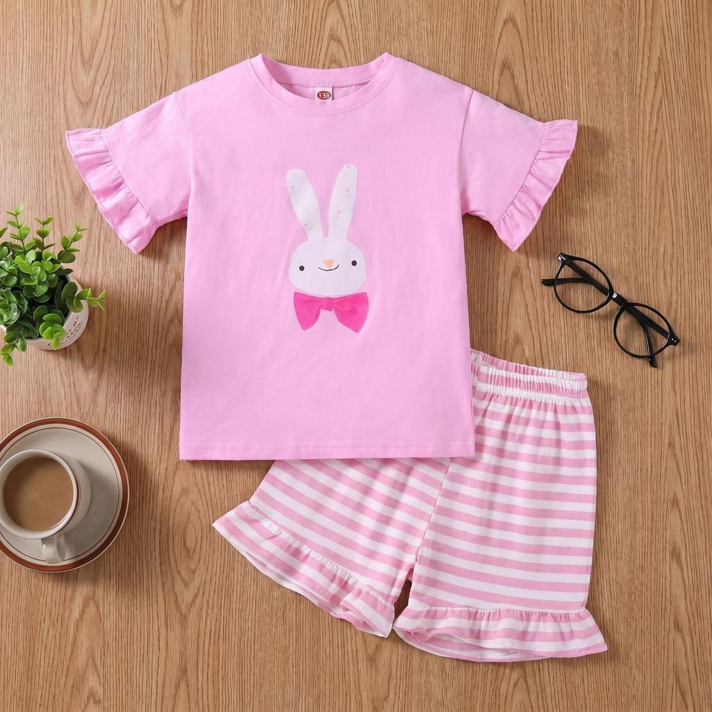 Girls Summer Cotton Bunny Print Short Sleeve and Shorts Two Piece Set