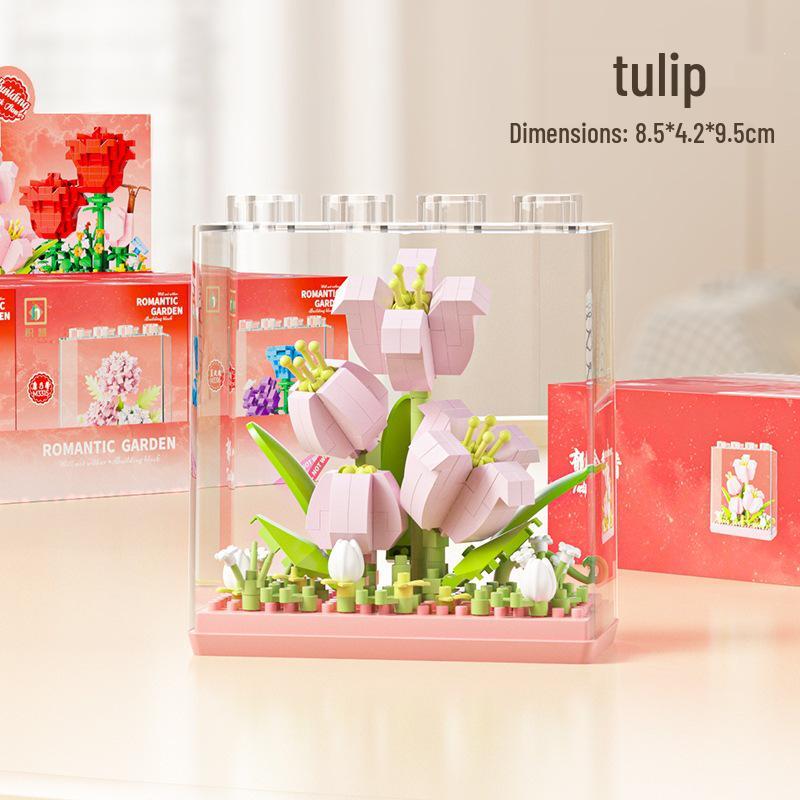 2025 New Celebrity Champagne Rose Potted Plant Model: Educational Building Blocks Toy Gift