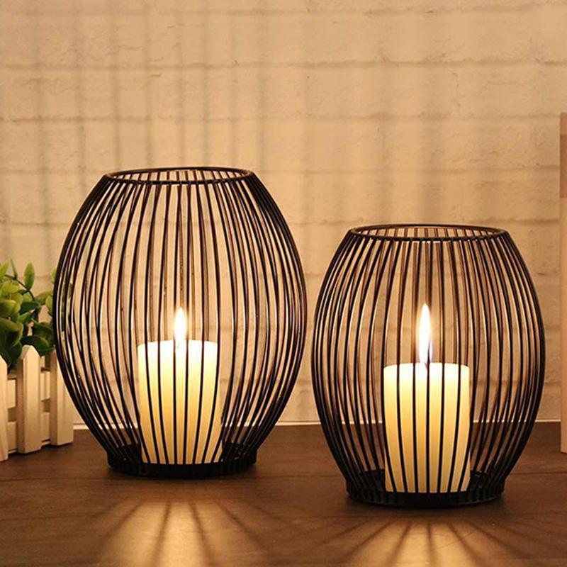 Nordic Stye Hollow Candle Holder Wrought Iron Art Candlestick Vintage Lanterns Bird Cage Geometric Shapes Table Candlestick