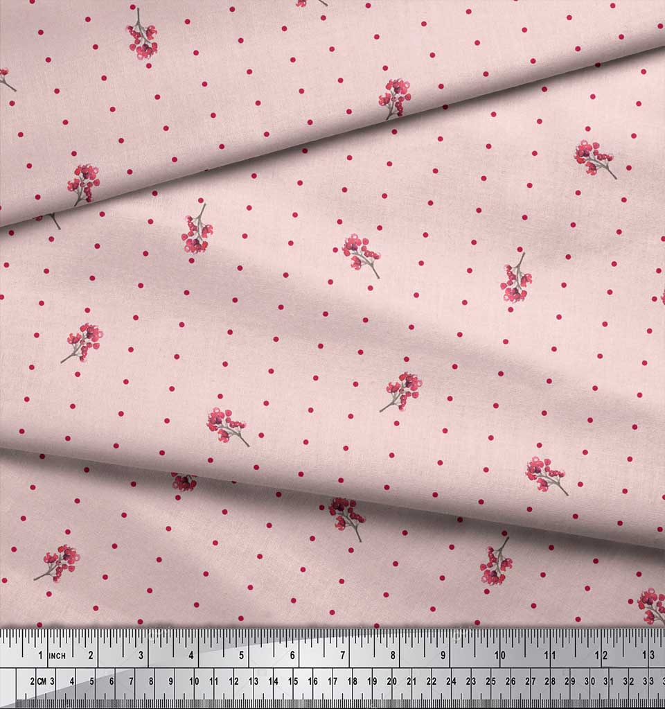 Soimoi Material Satin Crep Japonez Roz Imprimeu Fructe de Pădure și Puncte Material la metru 42 Inch