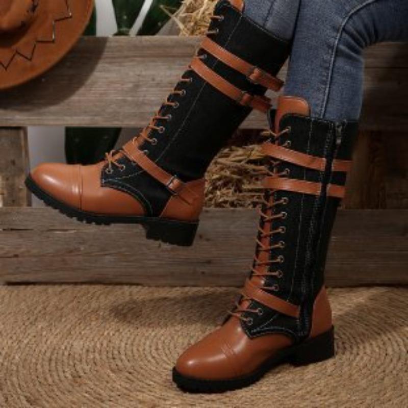 Damskie Skórzane Buty Jeździeckie z Okrągłym Noskiem i Łatami, Wysokie Buty na Kwadratowym Obcasie z Paskiem na Klamrę, Duże Rozmiary Buty Jesienno-Zimowe