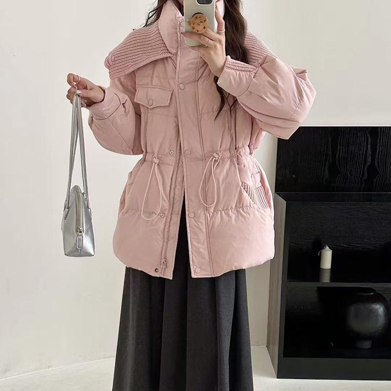 

Милый вязаный пуховик с большим лацканом женский 2025 зимняя мода приталенный тонкий пуховик из пуха маленькой белой утки тренд One Size розовый