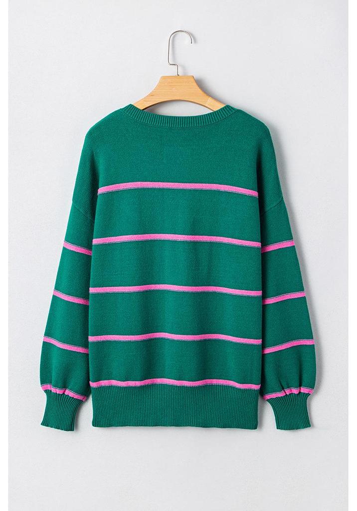 Women's 2025 Winter V-Neck Striped Loose Sweater - European & American Style, Long Sleeve Pullover Top