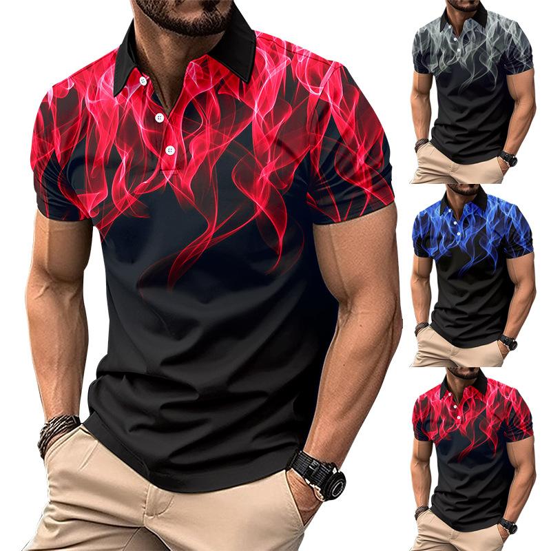 New Men's Casual Polo Shirt Lapel Button Down Business Digital Printing Slim Tops