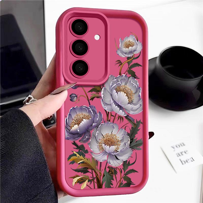 Purple Flower Pattern Shockproof Back Cover for Samsung S25 S24 S23 S22 Ultra A15 A55 A35 A34 A06 A05 A53 A54 Silicone Soft Lens Protection Matte Case